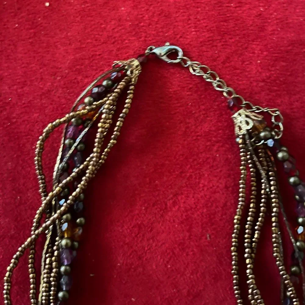 Beaded Necklace w/Dark Burgundy Crystal Pendant Adjustable - Picture 3 of 8